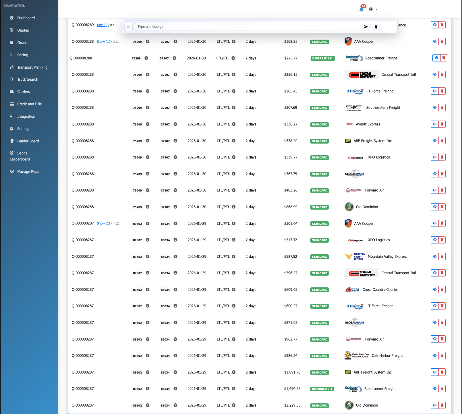 ATI TMS Quotes: compare carrier options, prices, and service levels in one view
